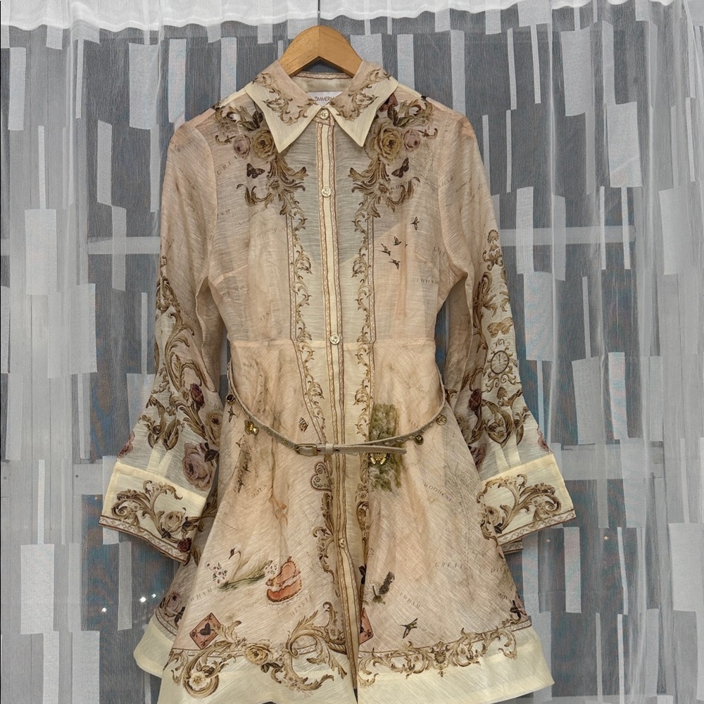 Zimmermann Beige Floral Embroidered Long-Sleeve Shirt Dress